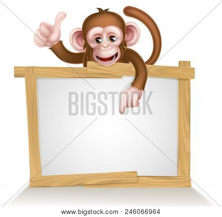 Cartoon Monkey Character Peeking Over A Sign And Pointing At It