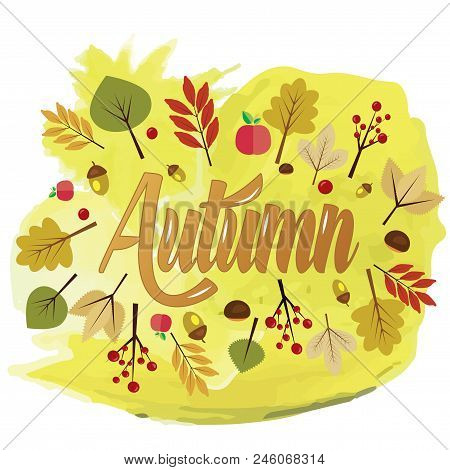 Written The Word Autumn With Yellow Leaves.