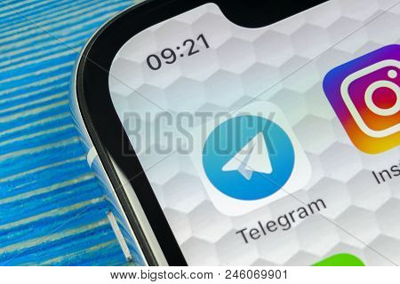 Sankt-petersburg, Russia, June 20, 2018: Telegram Application Icon On Apple Iphone X Screen Close-up