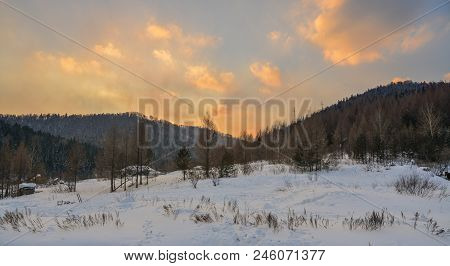 Mountain Scenery With Pine Forest At Sunset In Mohe County, China.