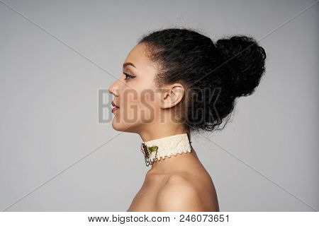 Beauty Closeup Profile Portrait Of Beautiful Mixed Race Caucasian - African American Woman Wearing C