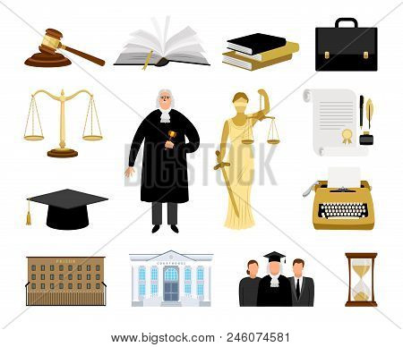 Justice Elements. Jurisdiction And Law Cartoon Vector Icons, Judge And Briefcase, Themis And Scales 