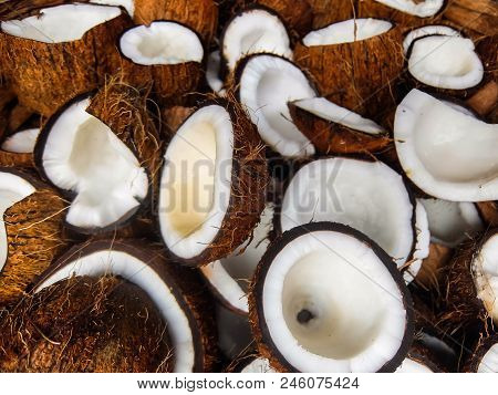 Coconuts On Devaraja Market, Mysore, India. Closeup View.