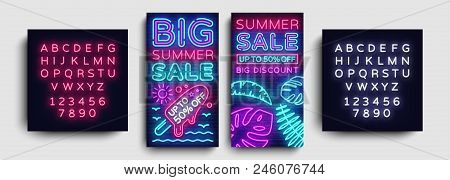 Summer Sale Collection Vertical Banners Design Template Vector. Neon Sign, Modern Trend Design, Neon