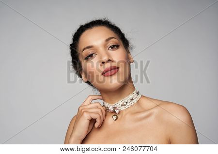 Beauty Closeup Profile Portrait Of Beautiful Mixed Race Caucasian - African American Woman Wearing C