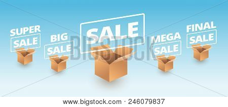 Sale Banner Delivery Cardboard Boxes Icons - Super Sale, Big, Mega, Final Sale Text Vector Illustrat