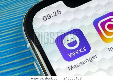 Sankt-petersburg, Russia, June 20, 2018: Yahoo Messenger Application Icon On Apple Iphone X Smartpho