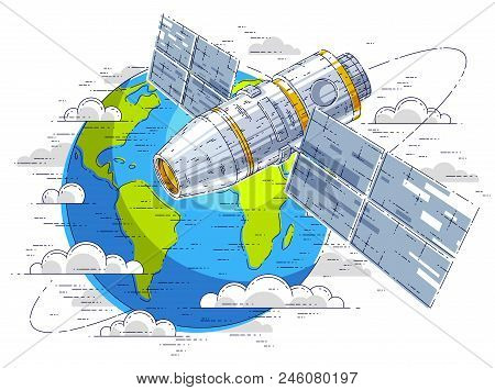 Space Station Flying Orbital Flight Around Earth, Spacecraft Spaceship Iss With Solar Panels, Artifi