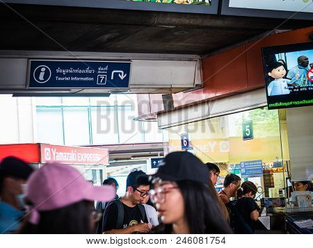 Bangkok, Thailand - May 6,2017 : Unidentified  Passengers With Tourist Information Sign Board And Co
