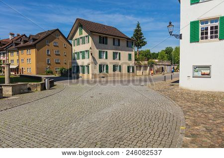 Bremgarten, Switzerland - June 16, 2018: buildings of the historic part of the town. Bremgarten is a municipality in the Swiss canton of Aargau, its medieval old town is listed as a heritage site of national significance.