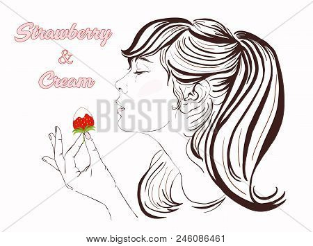 Pretty Girl With Dark Long Hair Eating Strawberry And Cream. Illustration Of A Beautiful Young Woman