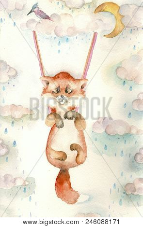 Cartoon Watercolor Fox On A Cloudy Background. Perfekt For Card, Invintation Or Kids Books