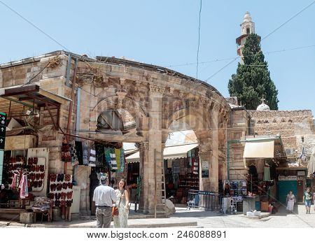 Jerusalem, Israel, July 14, 2017 : Entering The Market Suq Aftimos Market In Muristan Street In The 