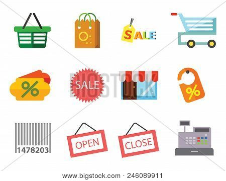 Shopping Icons Set With Sale Sign, Shopping Bag And Cash Register. Thirteen Vector Icons