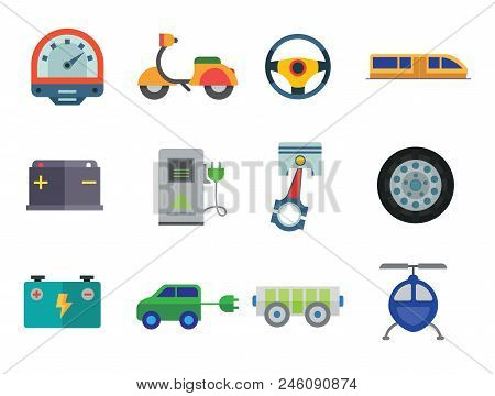Vehicle Icons Set With Helicopter, Electrocart And Trolley Car. Thirteen Vector Icons