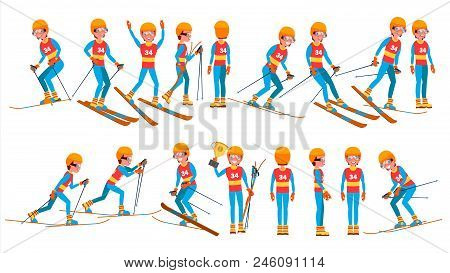 Skiing Young Man Player Vector. Man. Ski Resort. Skiing In The Mountains. Flat Athlete Cartoon Illus