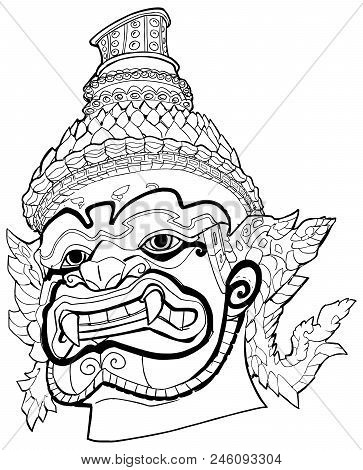 Hand Drawn Black And White Portrait Illustration Of Thai Demon.