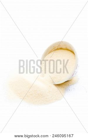 Semolina Flour In A White Colored Bowl Isolated On White Also Known As Sooji Or Suji.