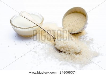 Entire Ingredients For Suji Ka Halwa Isolated On White  Including Sugar.