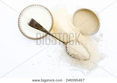 Entire Ingredients For Suji Ka Halwa Isolated On White  Including Sugar.
