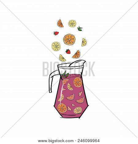 Sangria. Traditional Spanish Alcohol Drink With Fruits. Hand Sketched Sangria Recipe. Vector Illustr