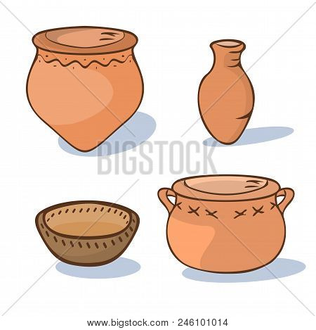 Neolithic Ceramics Set, Vector Cartoon Illustration Of Primitive Clay Pottery Samples