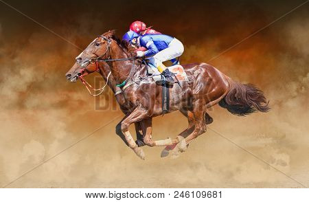 Two Racing Horses Neck To Neck In Fierce Competition For The Finish Line. Digital Collage