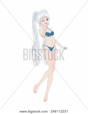 Beautiful Anime Manga Girl With Long Hair In Swimsuit Bikini Stands On One Leg, Winks. Index Finger 