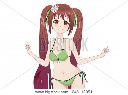 Beautiful Anime Manga Girl In Swimsuit Bikini On White Background. Empty Space For Banner Text
