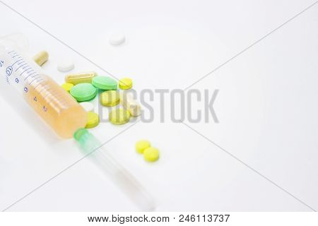 Background For Ads On Medicine. Medicines On A White Background.