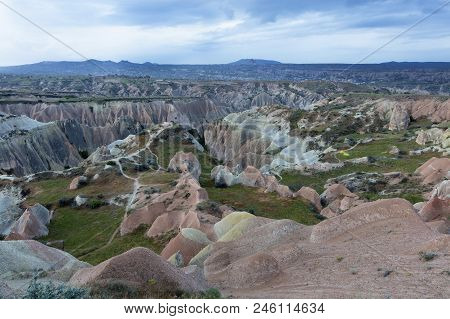 Beautiful Unreal Landscape Of Abandoned Caves In The Mountains Of Cappadocia