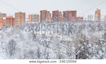Cityscape With Urban Timiryazevskiy Park And Residential Houses In Moscow City In Winter Evening