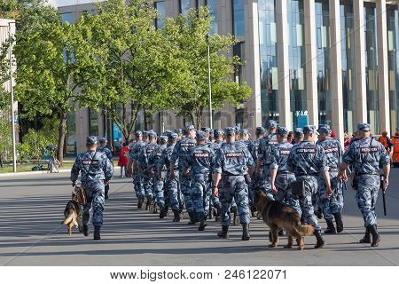 Moscow, Russia - June, 2018: Russian Omon Police Walking After Fifa World Cup Match In Moscow. Footb