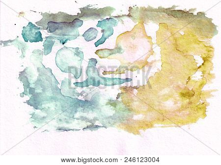 Dark Cerulean Teal And Bronze Abstract Watercolor Background. It's Useful For Greeting Cards, Valent