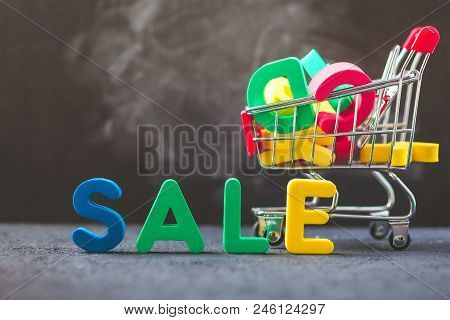 Sale, Discount, Black Friday Concept With Bright Inscription Sale On A Dark Background, Consumer Tro