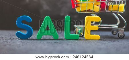 Bright Inscription Sale, Consumer Trolley With Letters. Sale, Discount, Black Friday Concept Banner