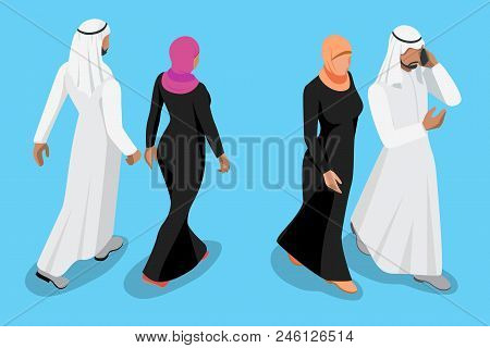 Isometric Arabic Couple Front And Back View Vector Illustration.