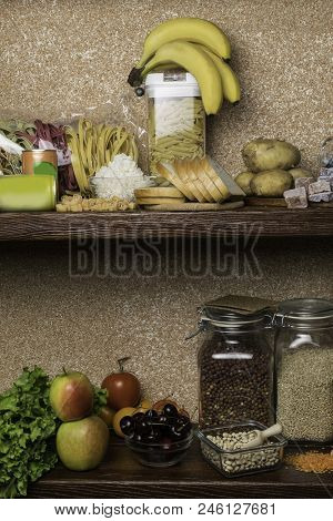 Assortment Of Products Rich Of Complex Carbohydrates. Healthy Food On Stone Background. Space For Te