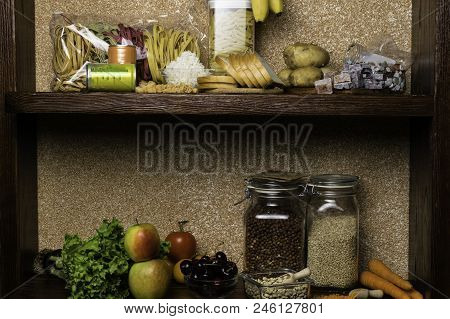 Assortment Of Products Rich Of Complex Carbohydrates. Healthy Food On Stone Background. Space For Te