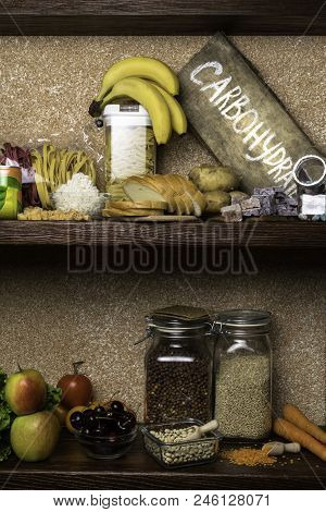 Assortment Of Products Rich Of Complex Carbohydrates. Healthy Food On Stone Background. Space For Te