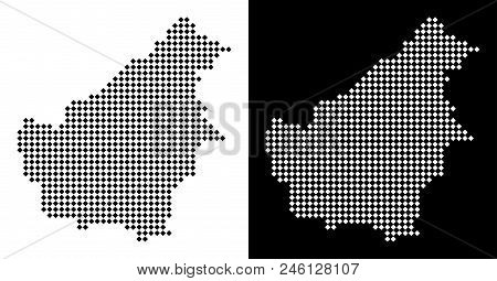 Vector Rhombic Dotted Borneo Island Map. Abstract Territory Maps In Black And White Colors On White 