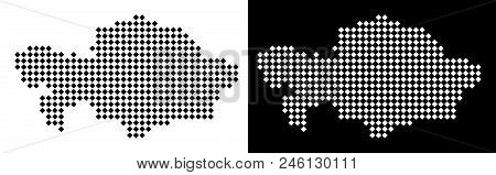 Vector Rhombus Pixel Kazakhstan Map. Abstract Geographical Maps In Black And White Colors On White A
