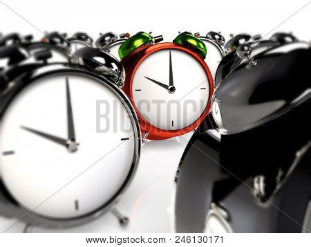 Standing out of the crowd. Colorful alarmclock among the grey alarmclocks. 3D rendering