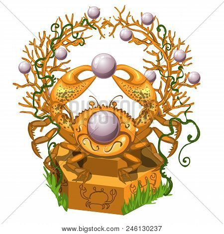The Statue Of The Golden Crab Holding In Its Claws A Pearl Isolated On White Background. Vector Cart