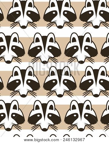 Seamless Striped Background With Raccoon Muzzles. Cute Cartoon Raccon Faces Background. Vector Illus