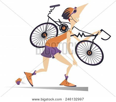 Tired Cyclist With A Broken Bike Isolated Illustration. Tired Cartoon Cyclist Man In Helmet Carries 