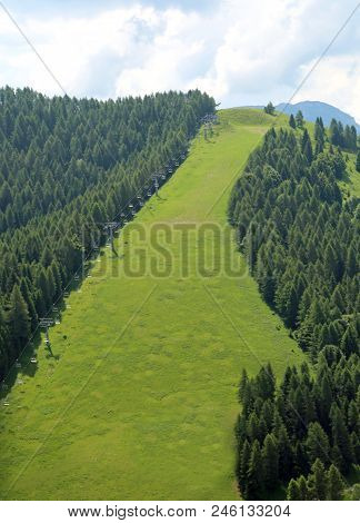 Wide Green Slope Ski In Summer In Mountains