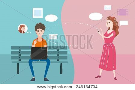 Illustration Of A Teenager Using Laptop In A Bench, Teenager Using Smartphone, Social Network, Chats