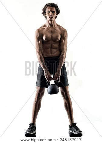 one caucasian man fitness weitghs training exercises  studio in silhouette isolated on white background