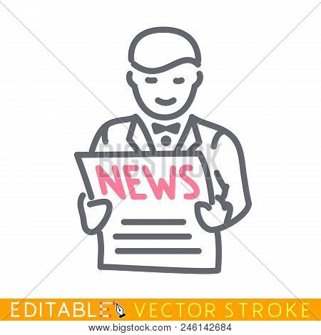 Man Is Reading Newspaper. Editable Stroke Sketch Icon. Stock Vector Illustration.